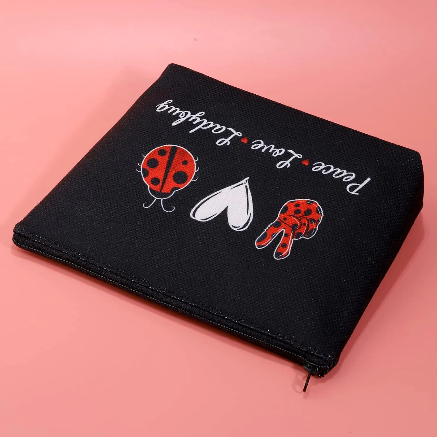 JXGZSO Good Luck Ladybug Symbol Makeup Bag With Zipper Gifts For Women Peace Love Ladybug Cosmetic Bag (Peace Love Ladybug Black)