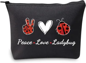 JXGZSO Good Luck Ladybug Symbol Makeup Bag With Zipper Gifts For Women Peace Love Ladybug Cosmetic Bag (Peace Love Ladybug Black)