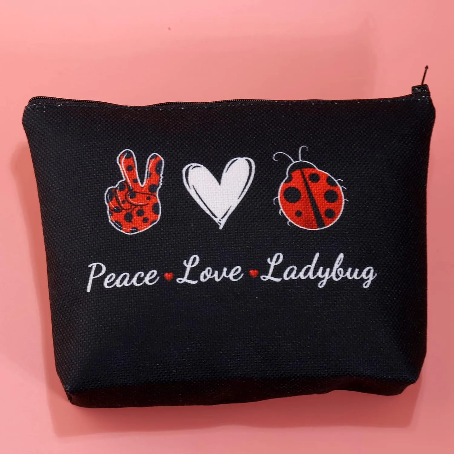JXGZSO Good Luck Ladybug Symbol Makeup Bag With Zipper Gifts For Women Peace Love Ladybug Cosmetic Bag (Peace Love Ladybug Black)