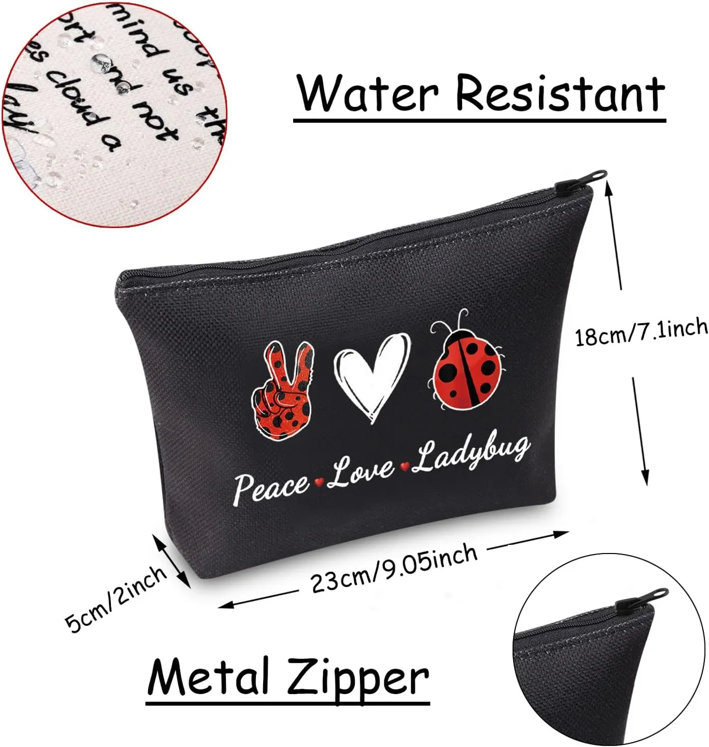 JXGZSO Good Luck Ladybug Symbol Makeup Bag With Zipper Gifts For Women Peace Love Ladybug Cosmetic Bag (Peace Love Ladybug Black)