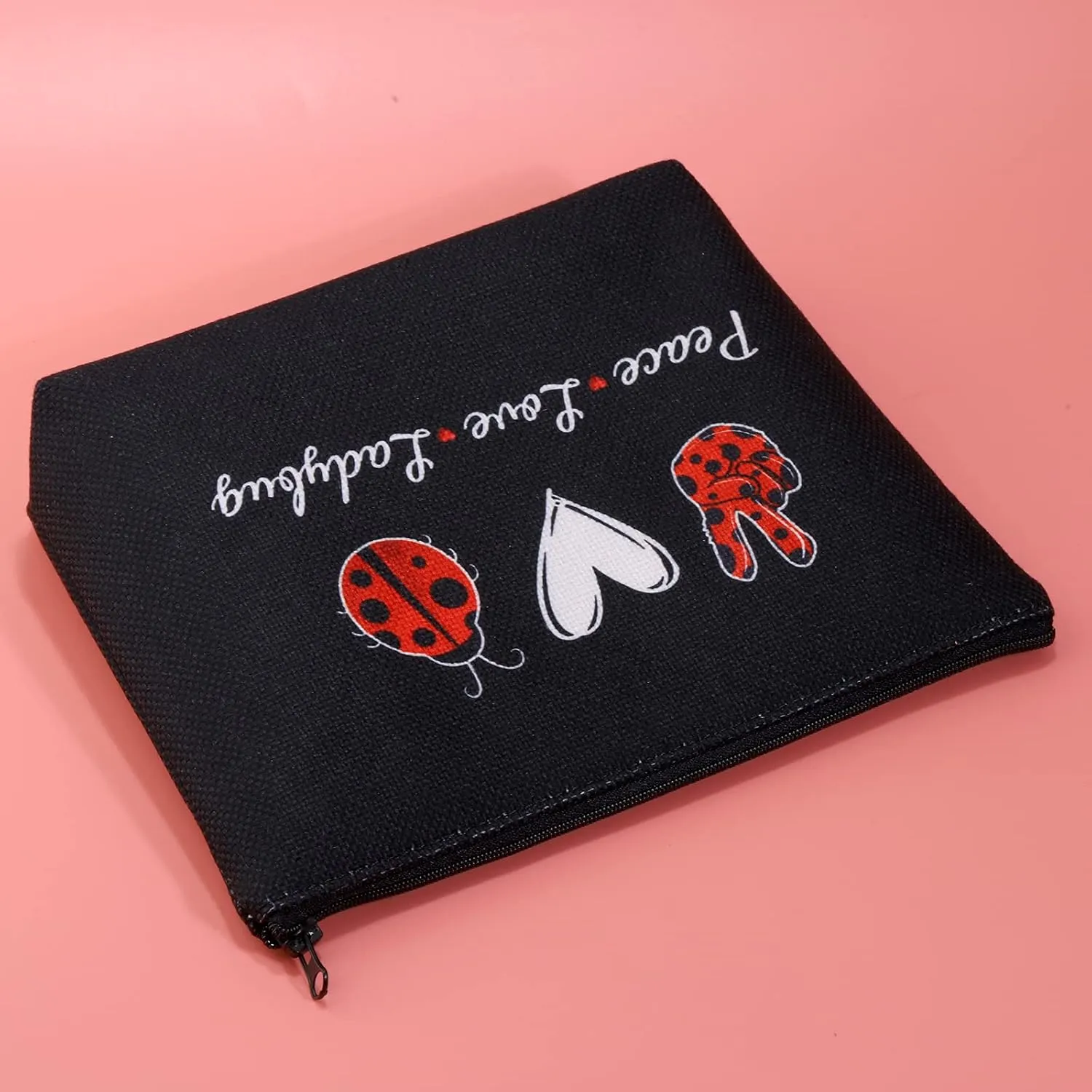 JXGZSO Good Luck Ladybug Symbol Makeup Bag With Zipper Gifts For Women Peace Love Ladybug Cosmetic Bag (Peace Love Ladybug Black)
