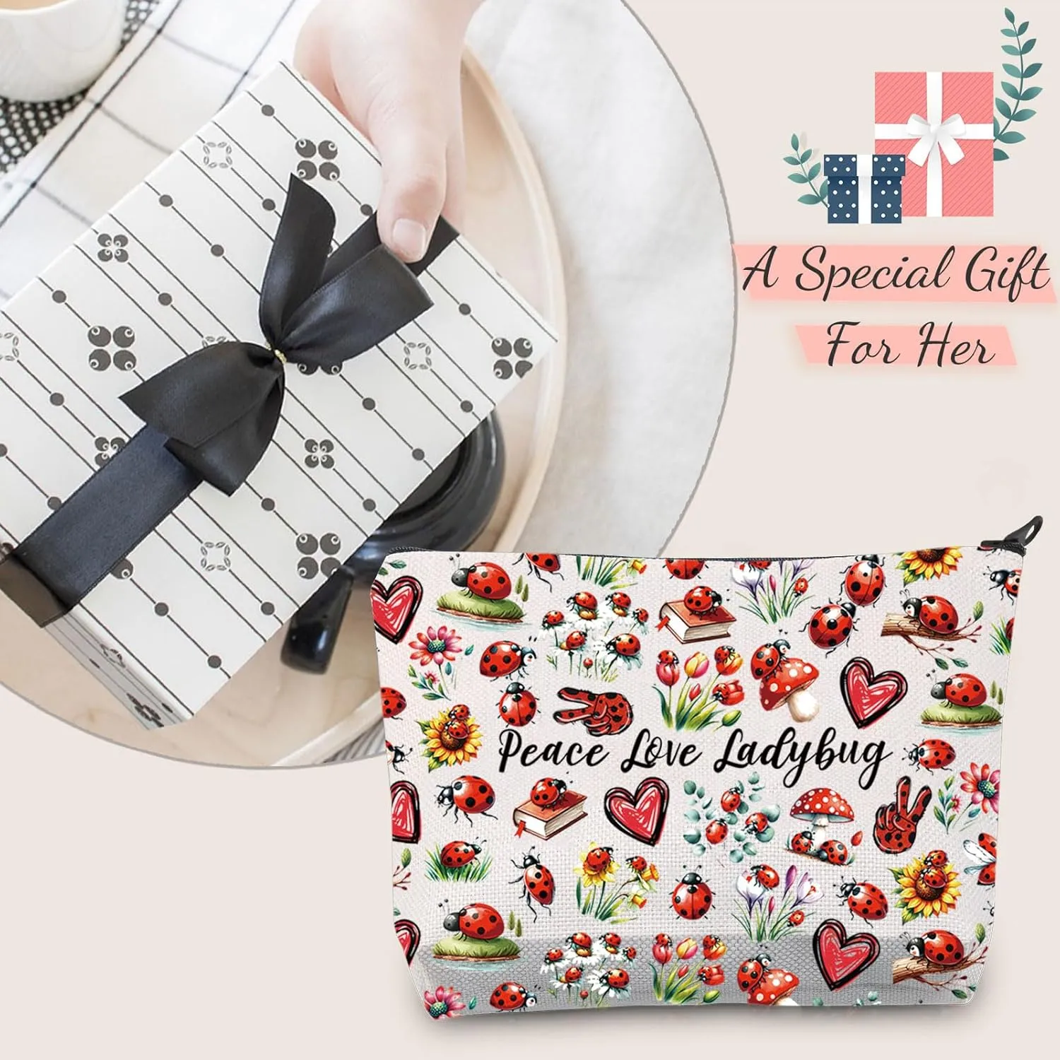 JXGZSO Good Luck Ladybug Symbol Makeup Bag With Zipper Gifts For Women Peace Love Ladybug Cosmetic Bag (Peace Love Ladybug Makeup Bag)