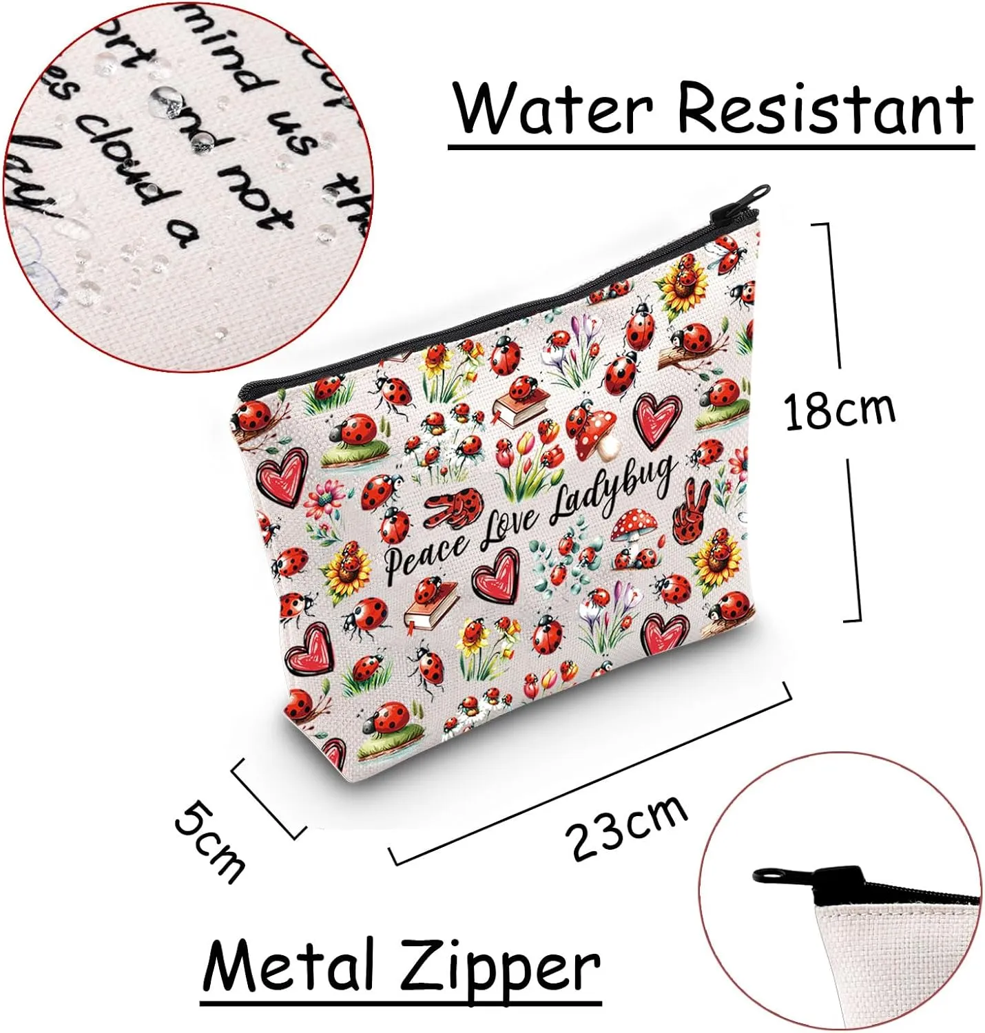 JXGZSO Good Luck Ladybug Symbol Makeup Bag With Zipper Gifts For Women Peace Love Ladybug Cosmetic Bag (Peace Love Ladybug Makeup Bag)