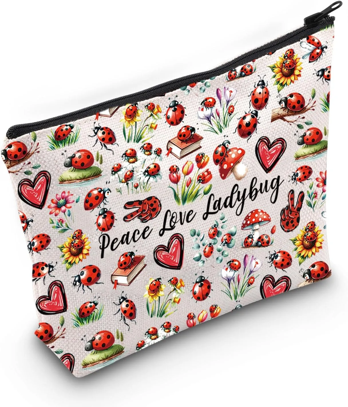 JXGZSO Good Luck Ladybug Symbol Makeup Bag With Zipper Gifts For Women Peace Love Ladybug Cosmetic Bag (Peace Love Ladybug Makeup Bag)