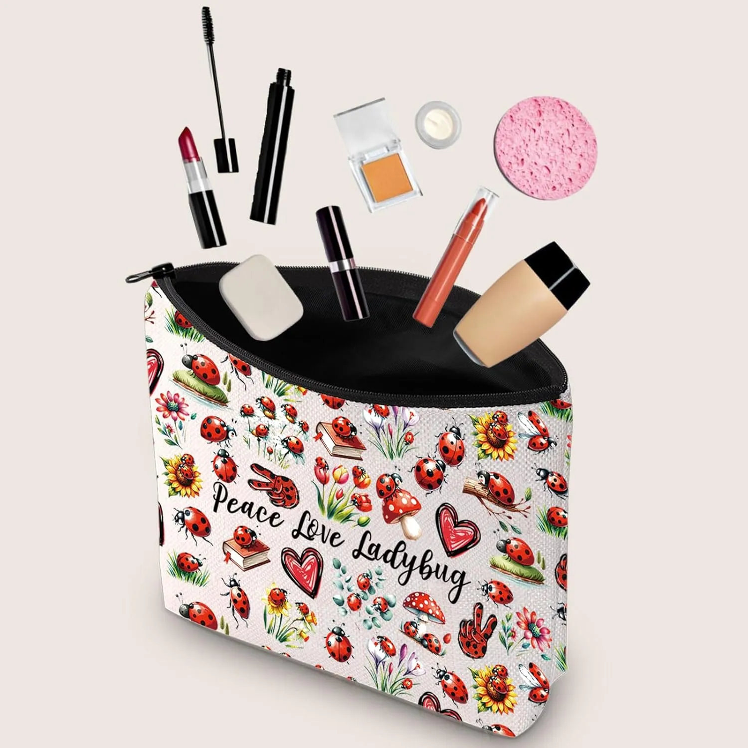 JXGZSO Good Luck Ladybug Symbol Makeup Bag With Zipper Gifts For Women Peace Love Ladybug Cosmetic Bag (Peace Love Ladybug Makeup Bag)