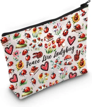 JXGZSO Good Luck Ladybug Symbol Makeup Bag With Zipper Gifts For Women Peace Love Ladybug Cosmetic Bag (Peace Love Ladybug Makeup Bag)