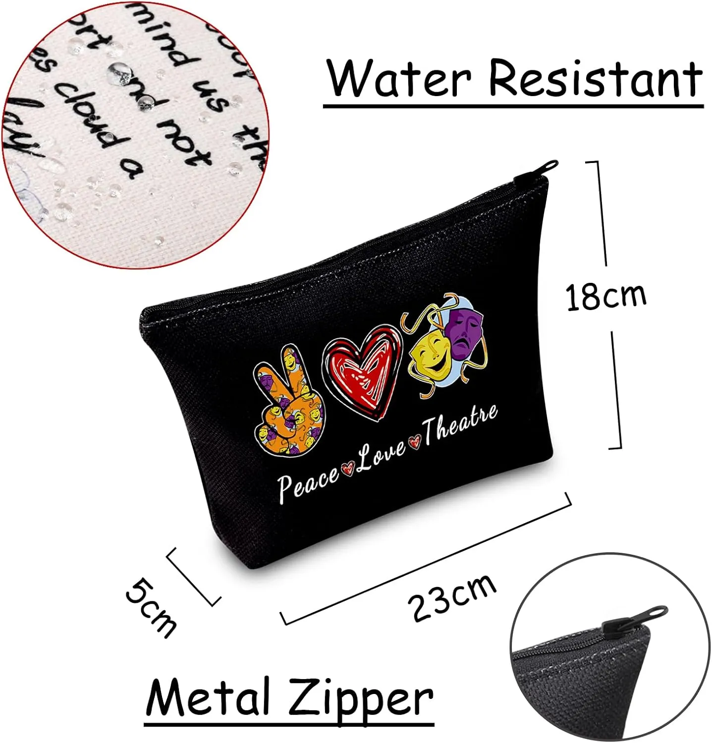 JXGZSO Peace Love Theatre Makeup Bag Comedy Tragedy Mask Cosmetic Bag Theatre Lover Gift Drama Theatre Gift (Peace Love Theatre Black)