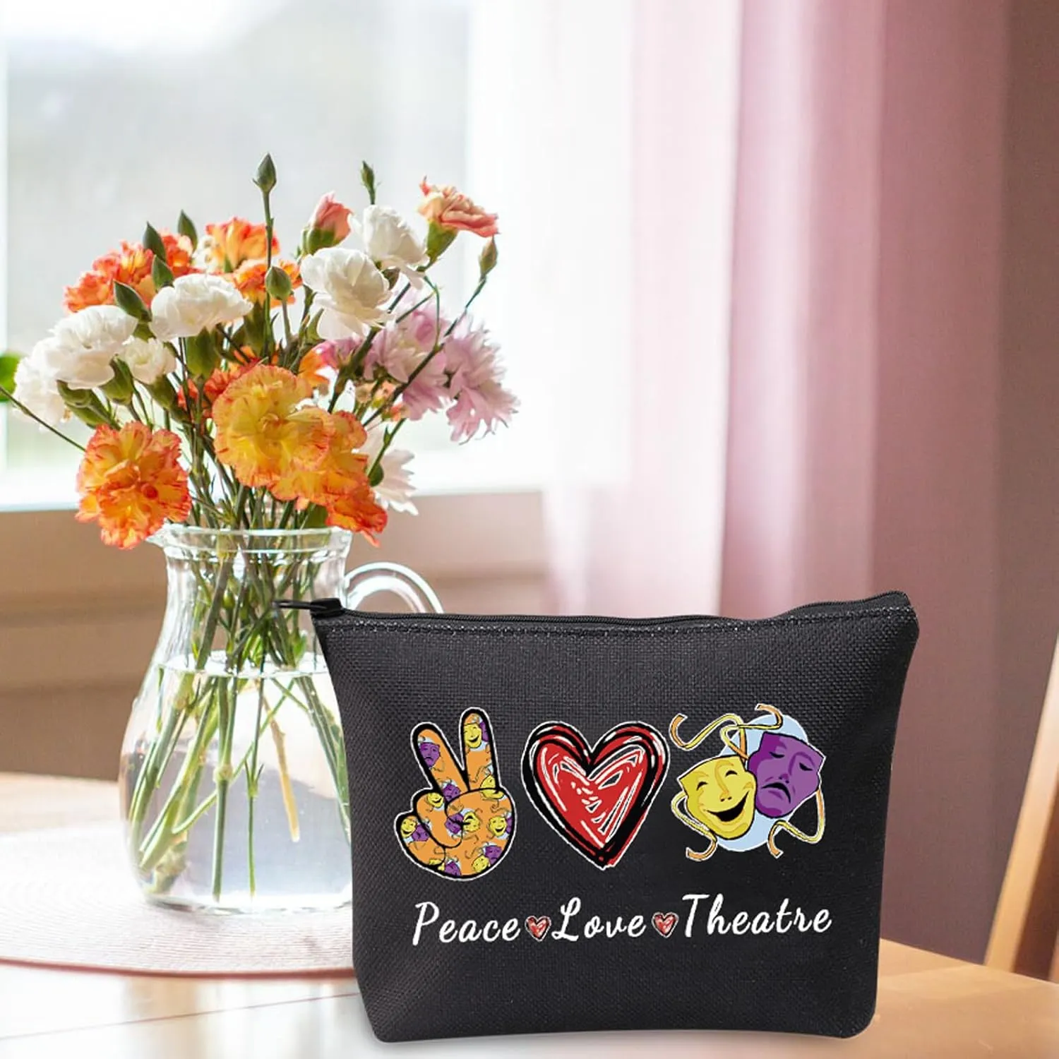 JXGZSO Peace Love Theatre Makeup Bag Comedy Tragedy Mask Cosmetic Bag Theatre Lover Gift Drama Theatre Gift (Peace Love Theatre Black)
