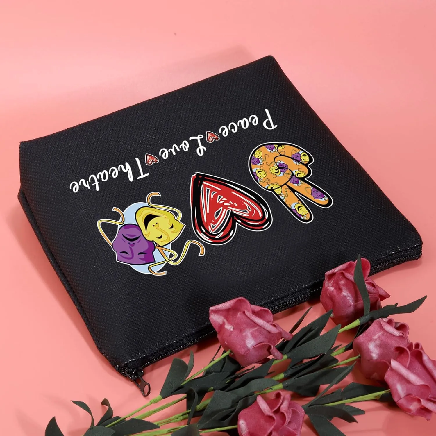 JXGZSO Peace Love Theatre Makeup Bag Comedy Tragedy Mask Cosmetic Bag Theatre Lover Gift Drama Theatre Gift (Peace Love Theatre Black)