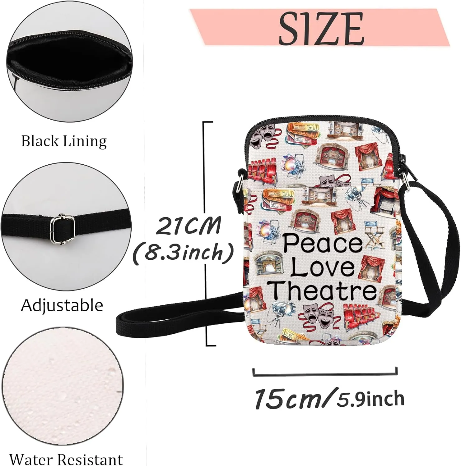 JXGZSO Peace Love Theatre Makeup Bag Comedy Tragedy Mask Cosmetic Bag Theatre Lover Gift Drama Theatre Gift (Peace Love Theatre Crossbody)