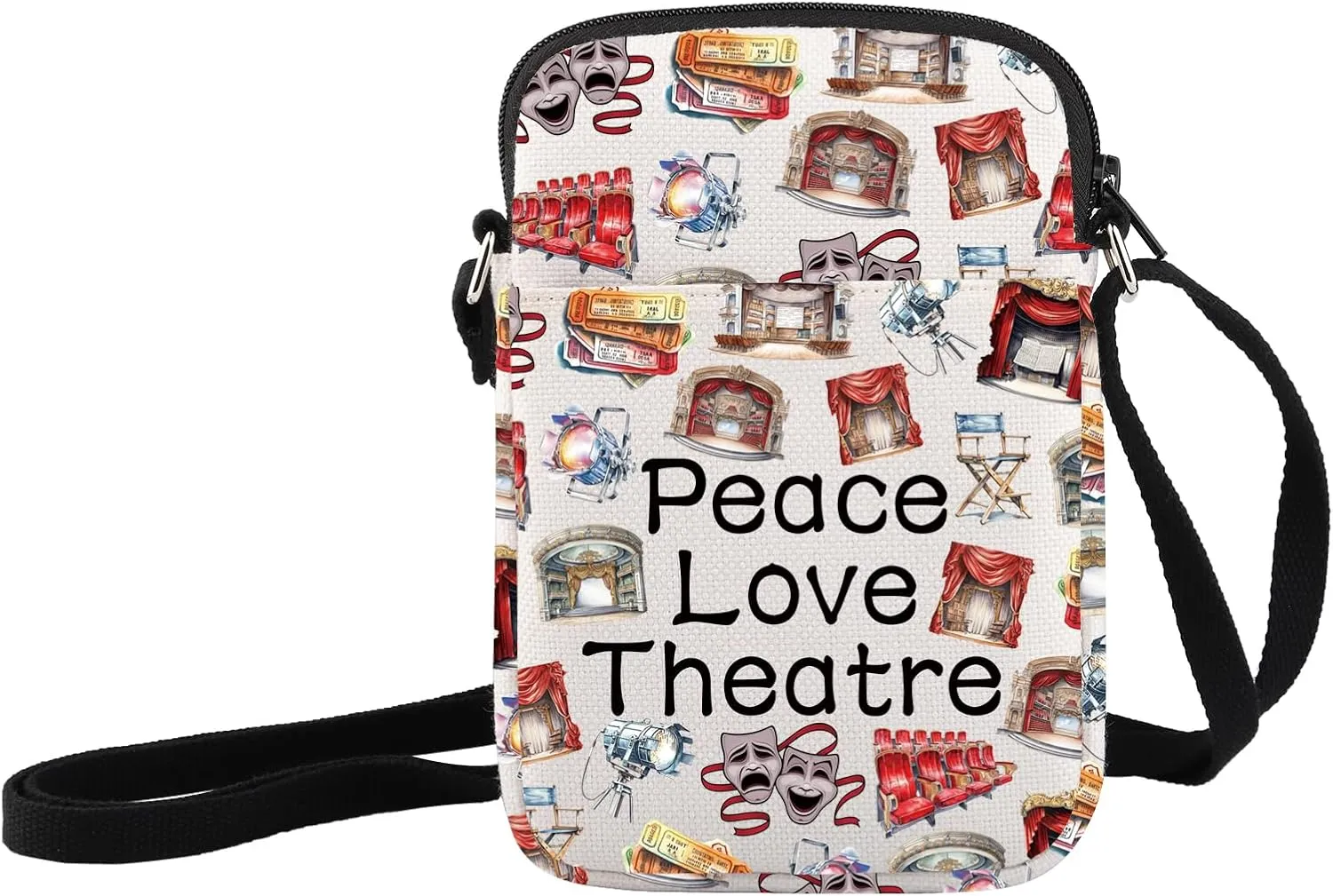 JXGZSO Peace Love Theatre Makeup Bag Comedy Tragedy Mask Cosmetic Bag Theatre Lover Gift Drama Theatre Gift (Peace Love Theatre Crossbody)