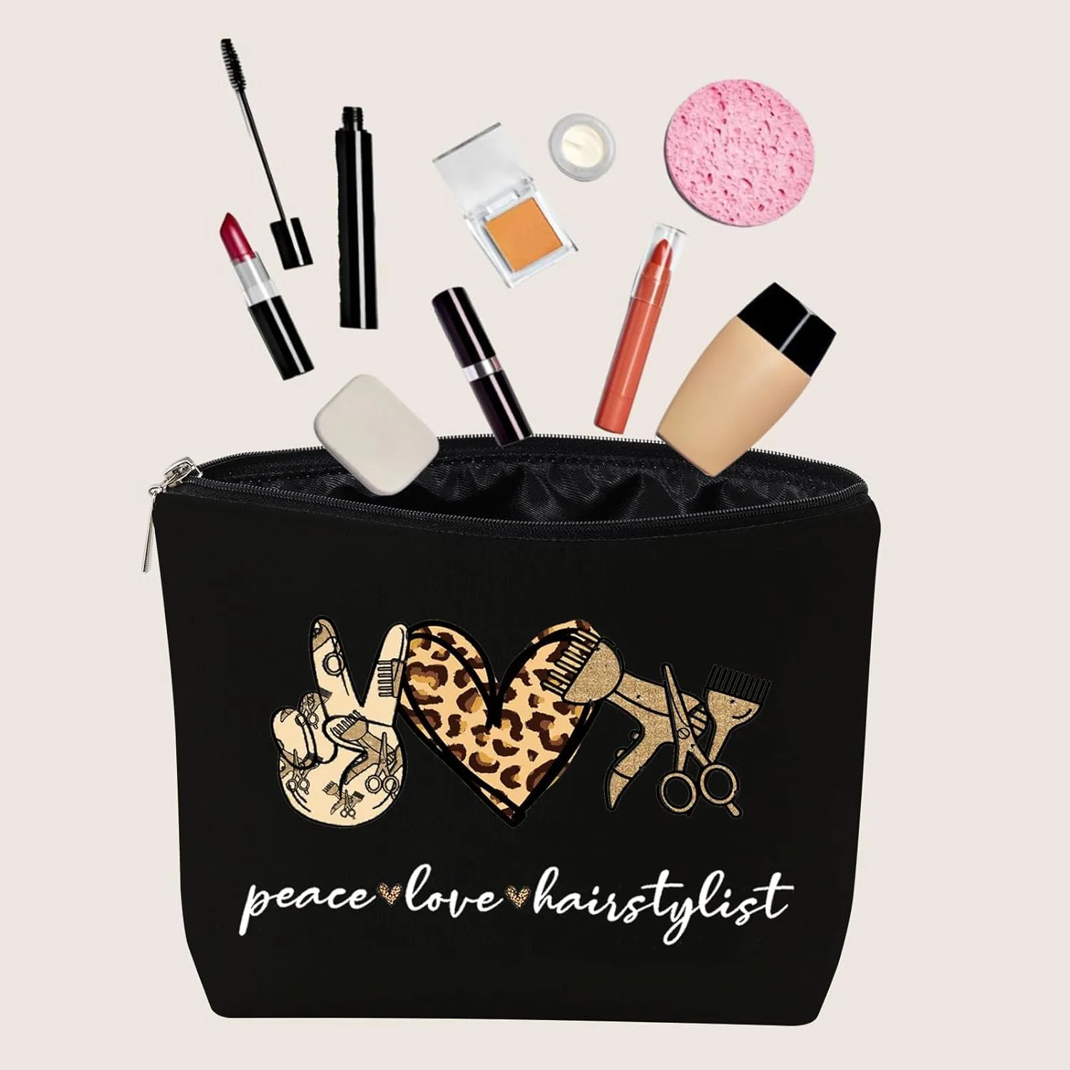 JXGZSO Scissor Makeup Organizer Hair Stylist Cosmetic Pouch Bag Hairdresser Gifts For Women Peace Love Hairstylist Toiletry Bag (Peace Love Hairstylist Black)