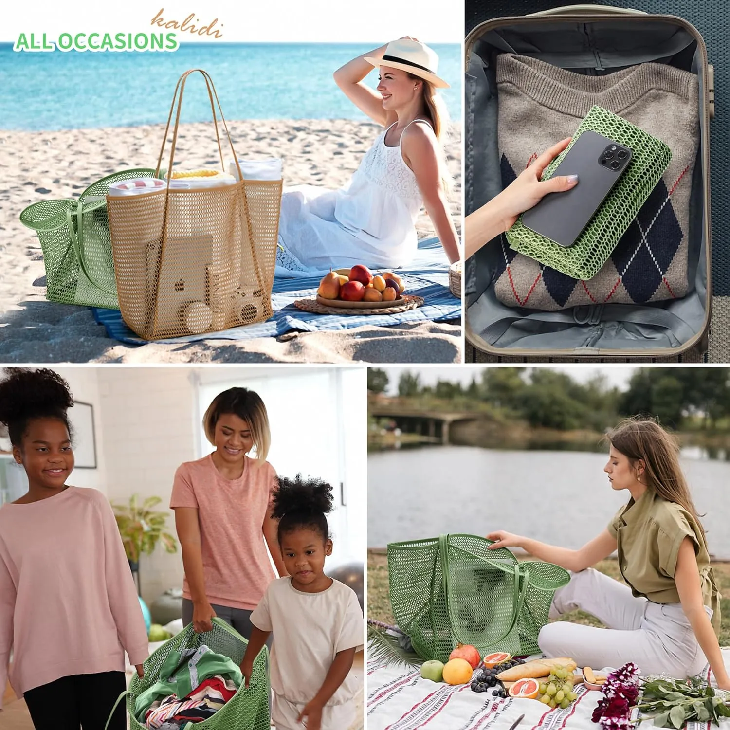 KALIDI BeachNylon Mesh Tote Bag, Casual Tote Bag Hobo Women Foldable MAX 23L Shoulder Bag For Beach Picnic Vacation
