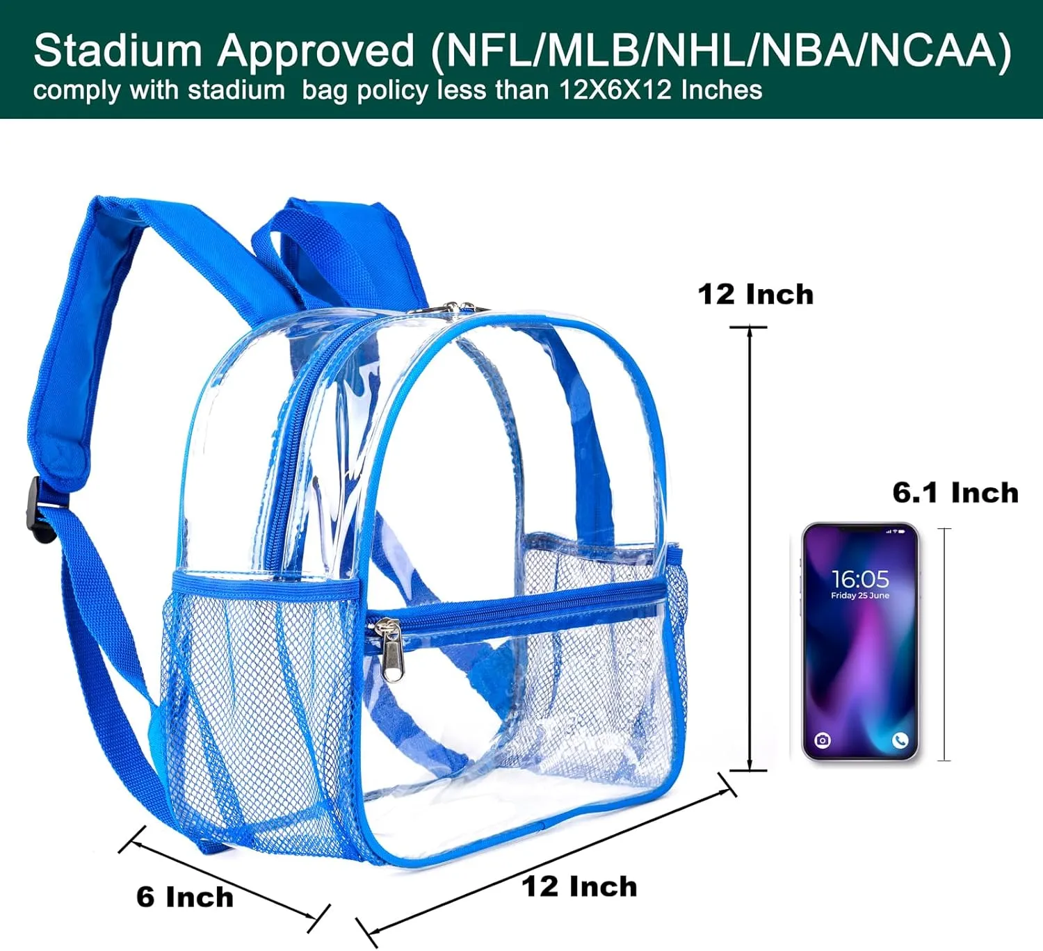 Keepcross Blue 12x6x12 Clear Backpack for Stadium Events,Mini Clear Stadium Bag for Sporting Events,Games,Festival,Concerts