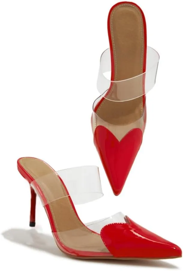 keleimusi Clear Heart Heeled Mules Transparent PVC Pointed Toe Mule Pumps Backless Slip On Clear Heeled Sandals Party Prom Dress High Heel Mules