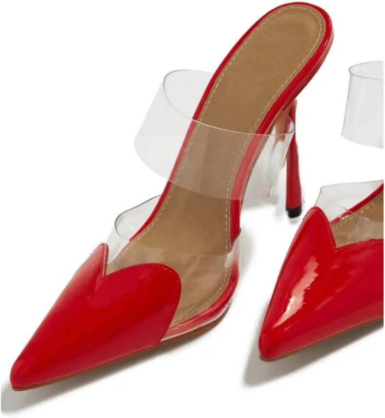 keleimusi Clear Heart Heeled Mules Transparent PVC Pointed Toe Mule Pumps Backless Slip On Clear Heeled Sandals Party Prom Dress High Heel Mules