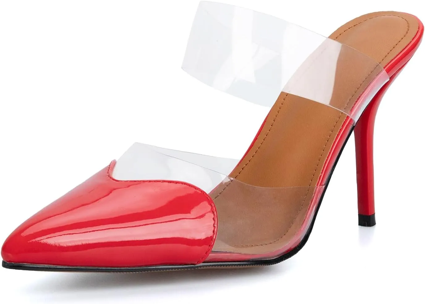 keleimusi Clear Heart Heeled Mules Transparent PVC Pointed Toe Mule Pumps Backless Slip On Clear Heeled Sandals Party Prom Dress High Heel Mules