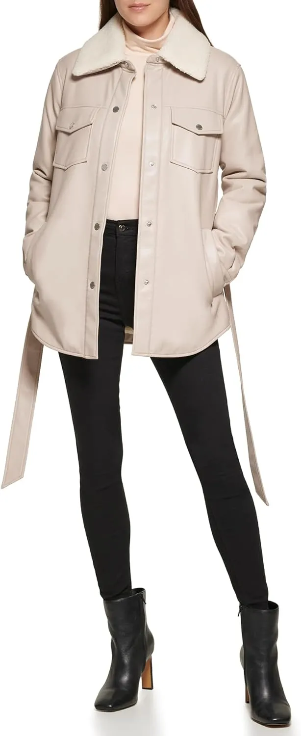 Kenneth Cole Women's Modern Updated Shacket Belted Trench Faux-Leather