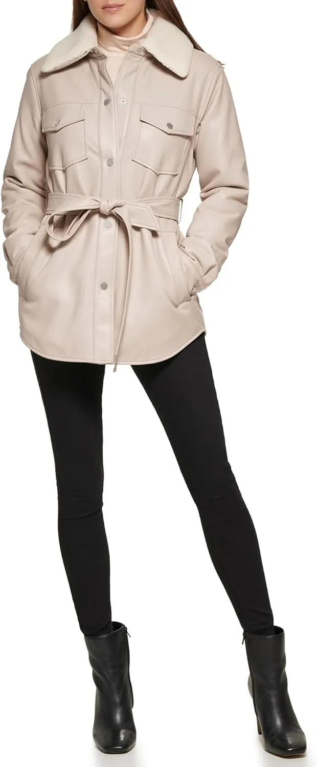 Kenneth Cole Women's Modern Updated Shacket Belted Trench Faux-Leather
