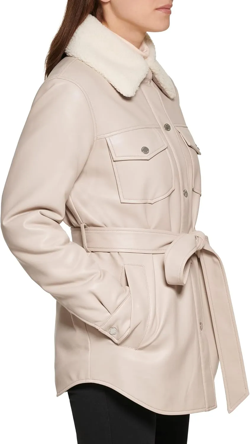 Kenneth Cole Women's Modern Updated Shacket Belted Trench Faux-Leather