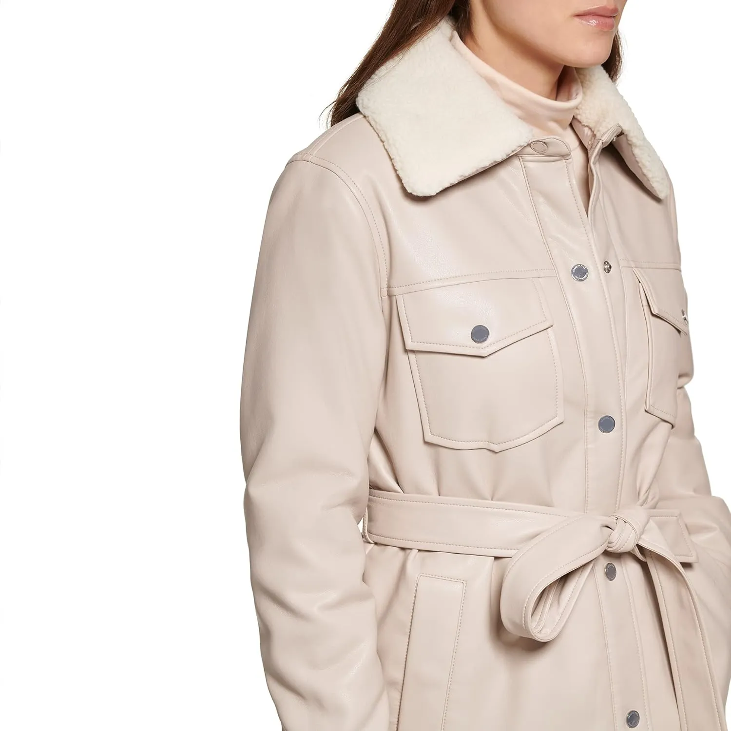 Kenneth Cole Women's Modern Updated Shacket Belted Trench Faux-Leather