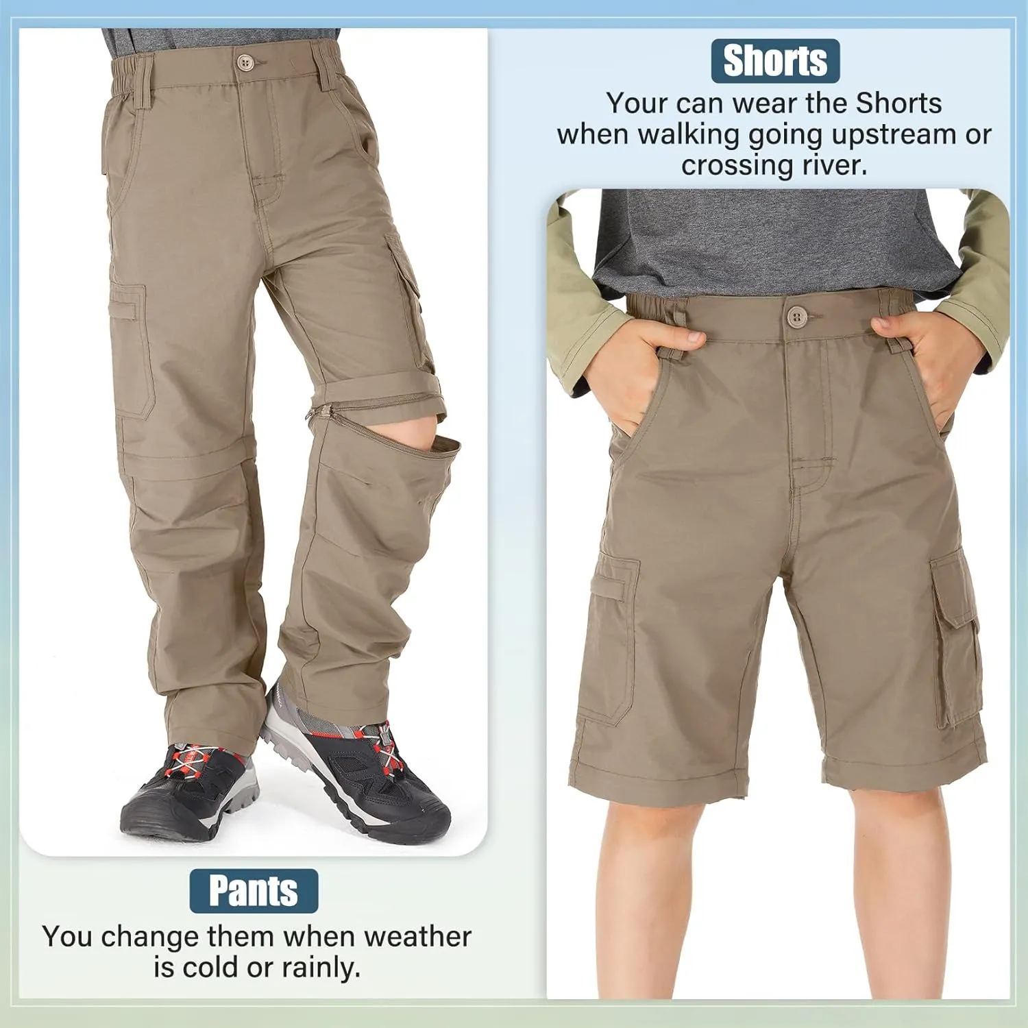 Kids' Cargo Pants, Boy's Casual Outdoor Quick Dry Waterproof Hiking Climbing Convertible Trousers