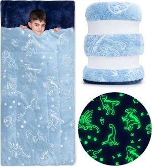 Kids Sleeping Bag for Boys & Girls - Glow in The Dark for Ages 3 , Large With Pillow Pocket, Extra Soft Toddler Blanket (66" x 33")