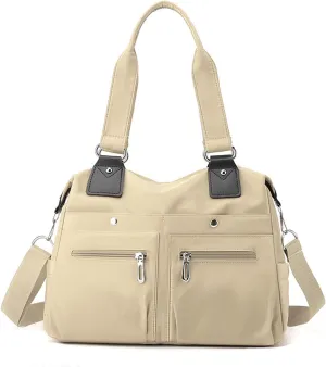 Langrents Nylon Tote Bag, Large Capacity Waterproof Multi Pocket Shoulder Bag, Lightweight Nylon Shoulder Bag with Zipper