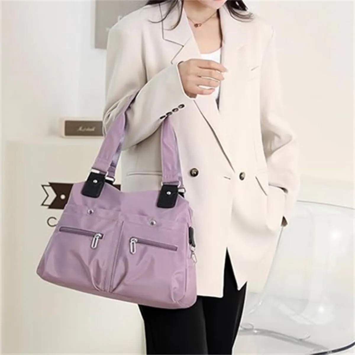 Large Capacity Waterproof Multi Pocket Shoulder Bag,Women resistant Nylon Handbag,Ladies Multi Fashion Crossbody with Zipper (37×27×13cm,dark green)