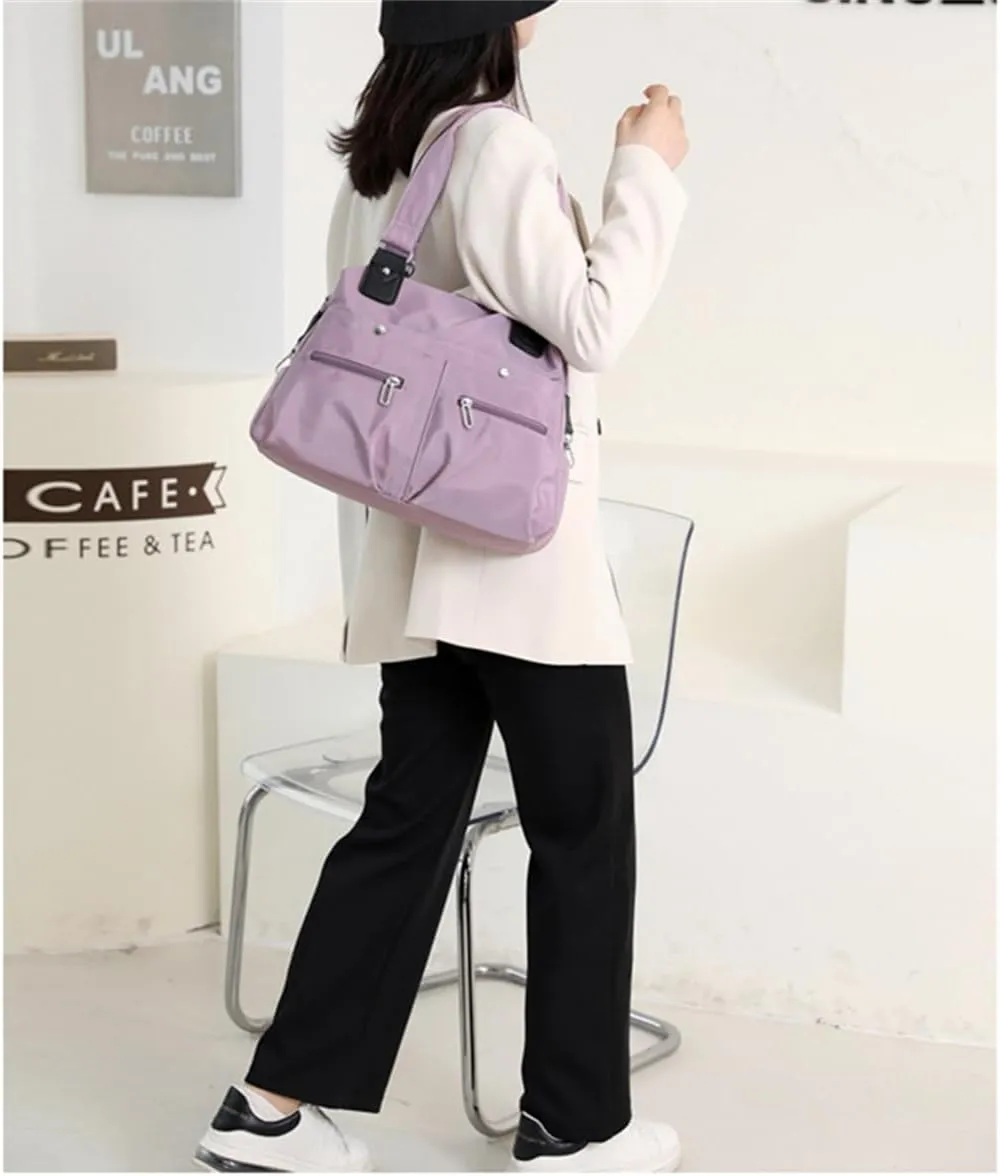 Large Capacity Waterproof Multi Pocket Shoulder Bag,Women resistant Nylon Handbag,Ladies Multi Fashion Crossbody with Zipper (37×27×13cm,dark green)