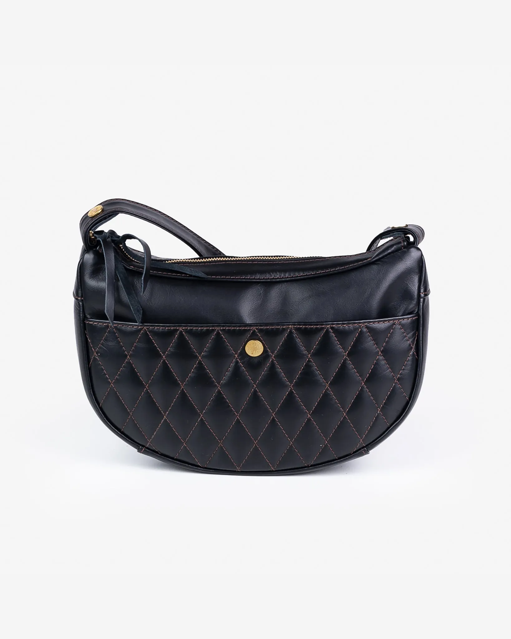 Leather Diamond Stitched Shoulder Bag - Black