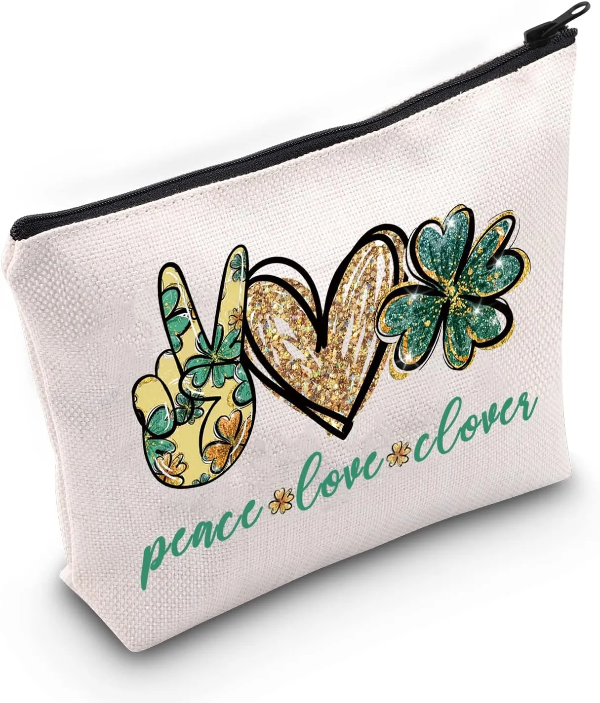 LEVLO Irish Shamrock Clover Cosmetic Make Up Bag St. Patrick's Day Inspired Gift Peace Love Clover Makeup Zipper Pouch Bag For St. Friend Family (Peace Love Clover)