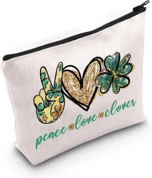 LEVLO Irish Shamrock Clover Cosmetic Make Up Bag St. Patrick's Day Inspired Gift Peace Love Clover Makeup Zipper Pouch Bag For St. Friend Family (Peace Love Clover)