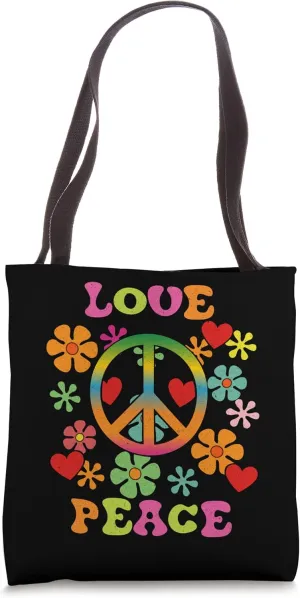 Love Peace Sign Colorful Flowers 60's 70's 80's Hippie Tote Bag