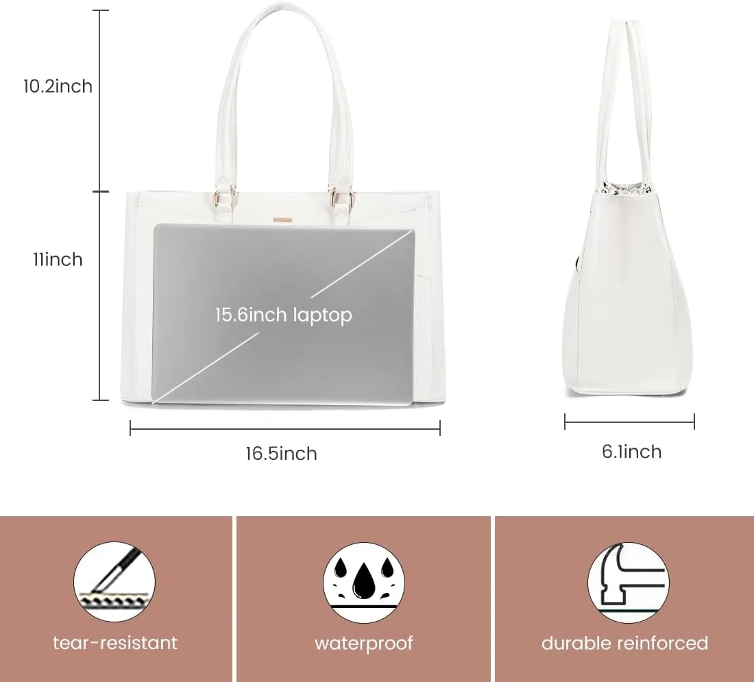 LOVEVOOK Laptop Bag for Women 15.6 Inch Tote Bags Waterproof Leather Briefcase Computer Women Business Office Work Bag,White