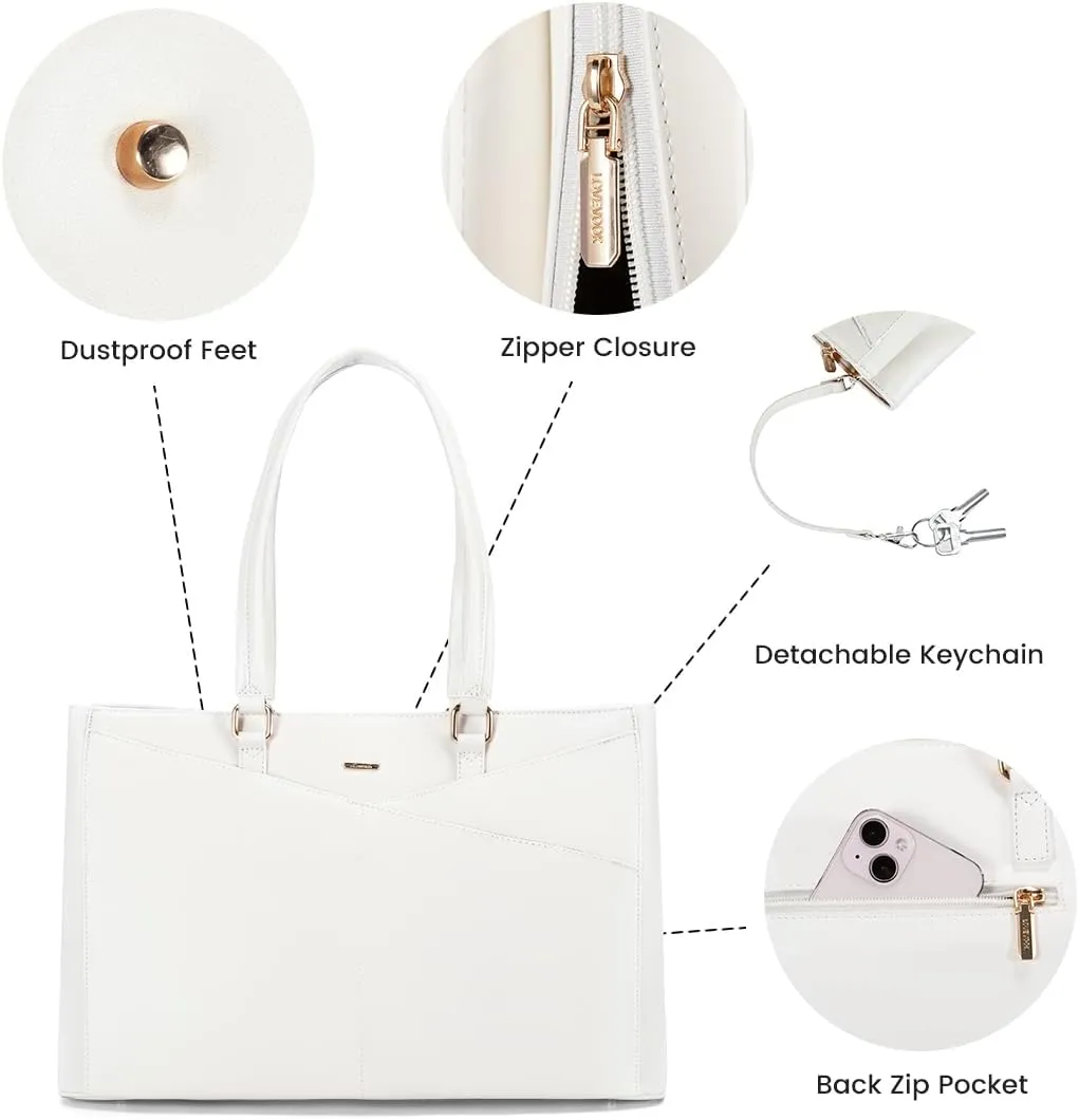 LOVEVOOK Laptop Bag for Women 15.6 Inch Tote Bags Waterproof Leather Briefcase Computer Women Business Office Work Bag,White