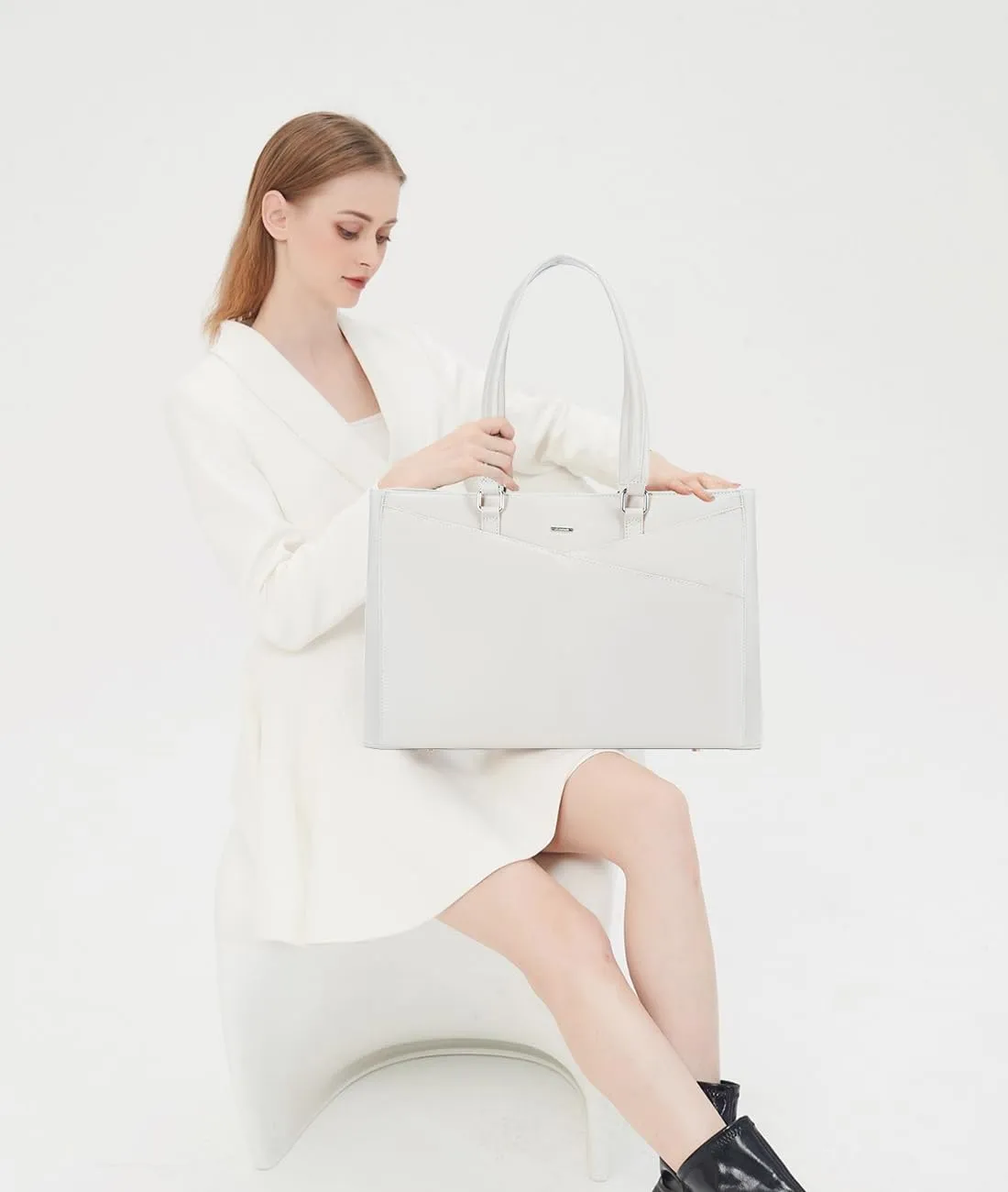 LOVEVOOK Laptop Bag for Women 15.6 Inch Tote Bags Waterproof Leather Briefcase Computer Women Business Office Work Bag,White