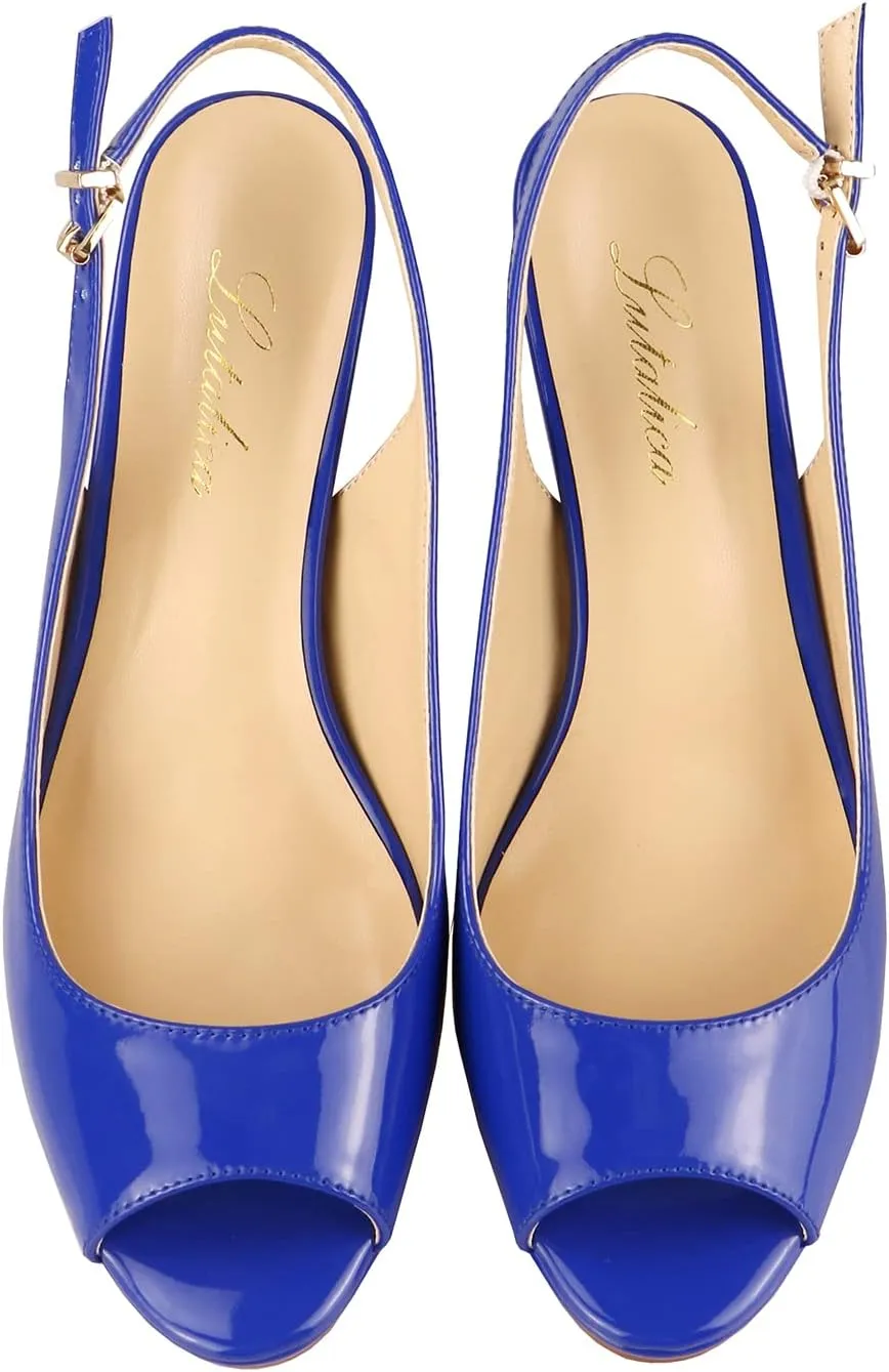 Lutalica W Women's Patent Leather Comfort Platform High Heel Slingback Sandals Sexy Peep Toe Stiletto High Heel Pumps
