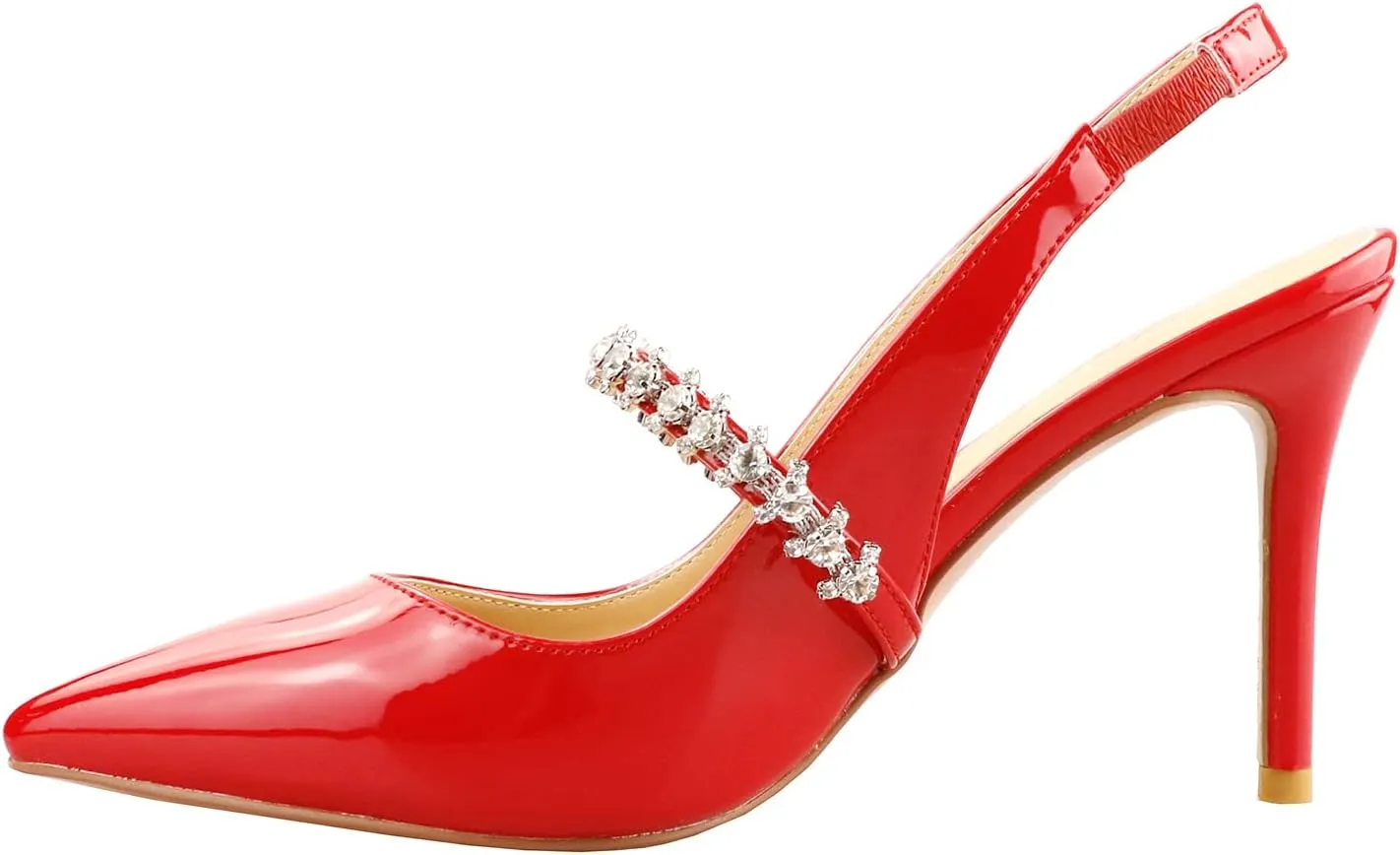 Lutalica W Women's Patent Leather Pointed Toe Glitter Crystal Strappy Mid High Heel Dress Slingback Pumps