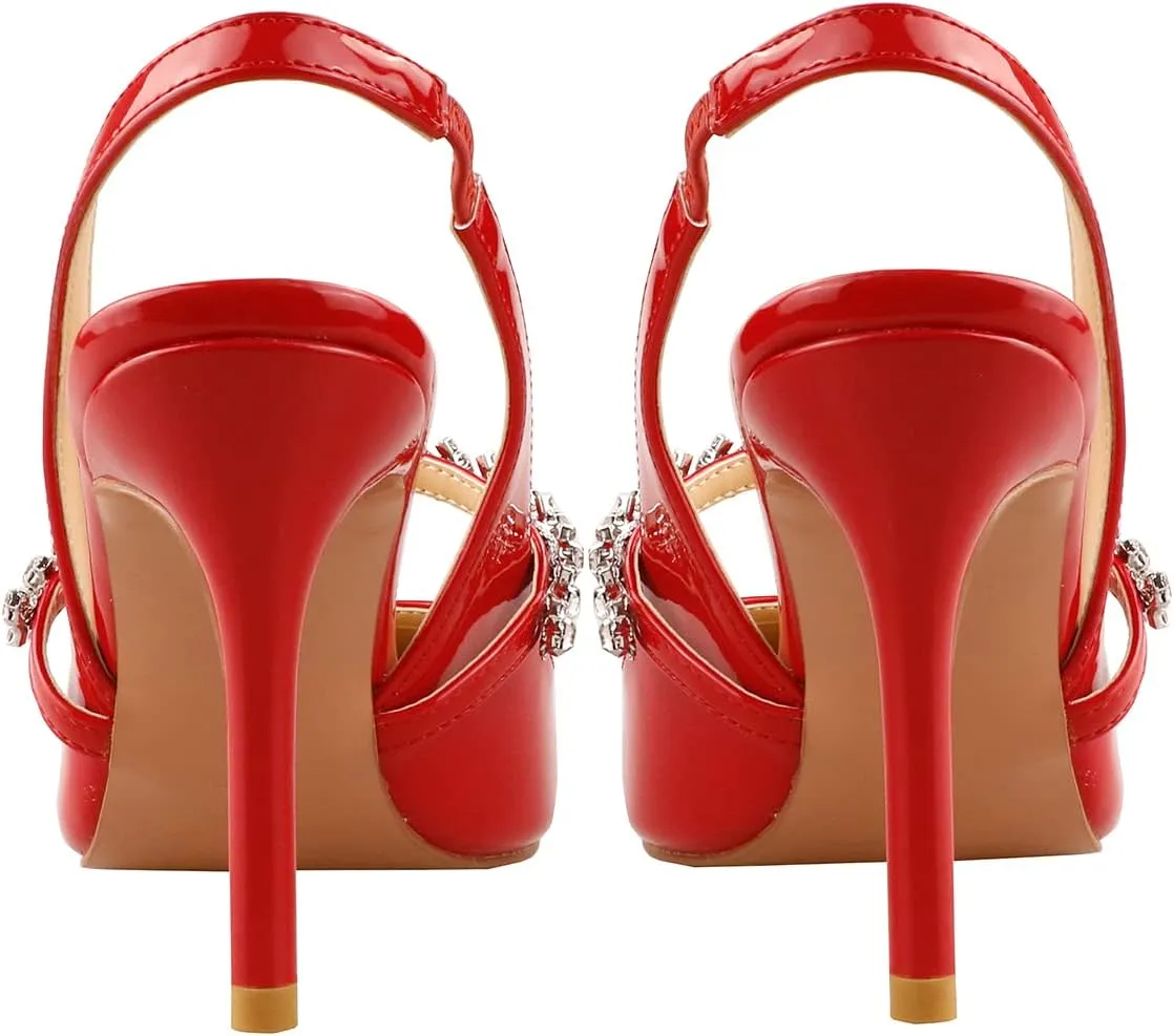 Lutalica W Women's Patent Leather Pointed Toe Glitter Crystal Strappy Mid High Heel Dress Slingback Pumps