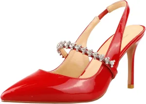 Lutalica W Women's Patent Leather Pointed Toe Glitter Crystal Strappy Mid High Heel Dress Slingback Pumps