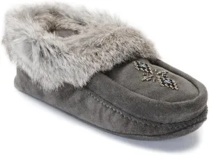Manitobah Tipi Moccasin - Womens Indoor Slipper, Fleece-Lined, Suede Leather, Rabbit Fur Trim