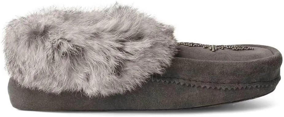 Manitobah Tipi Moccasin - Womens Indoor Slipper, Fleece-Lined, Suede Leather, Rabbit Fur Trim