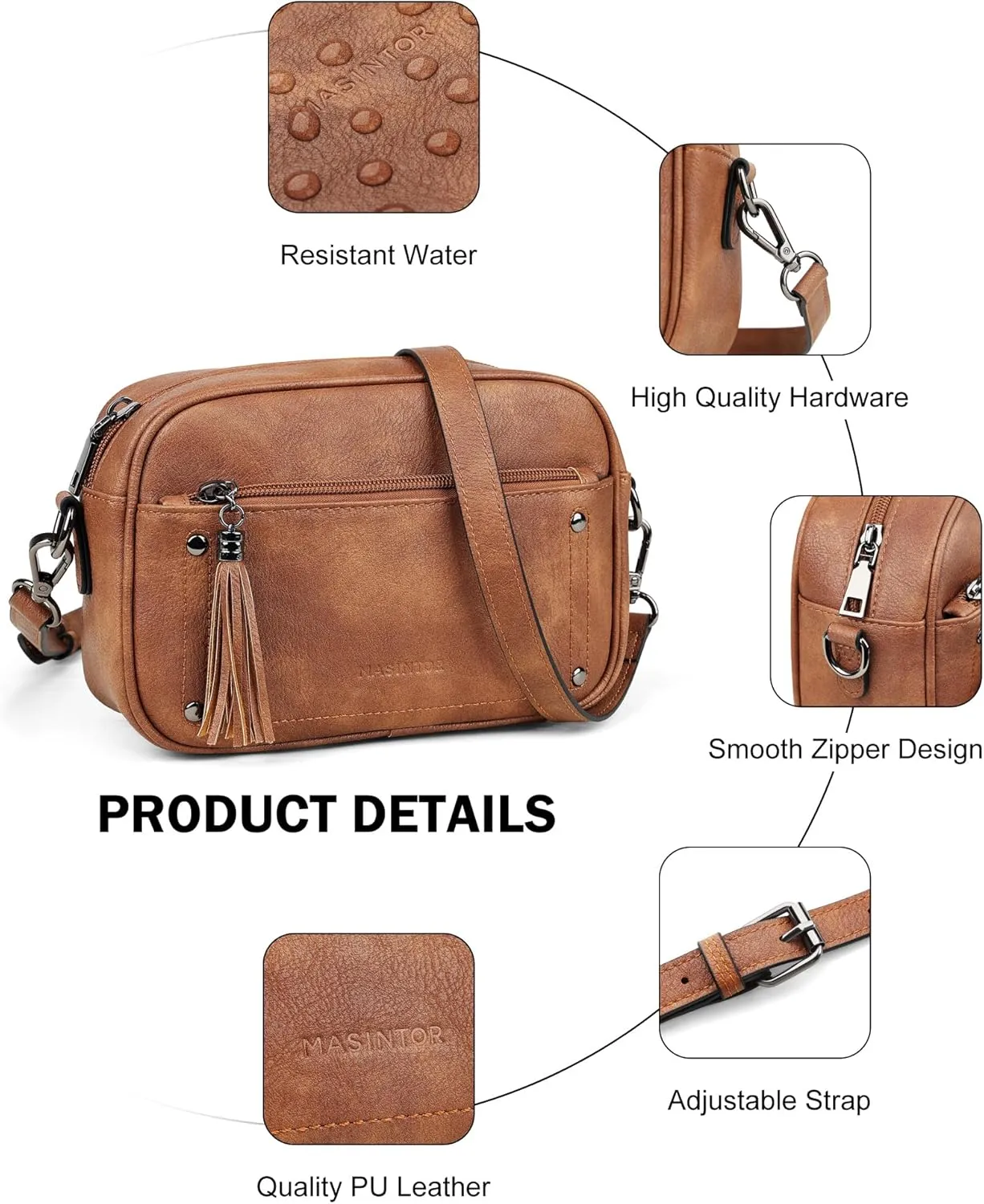 MASINTOR Crossbody Bags for Women Vegan Leather, Trendy Shoulder Purse with Adjustable Strap and Tassel