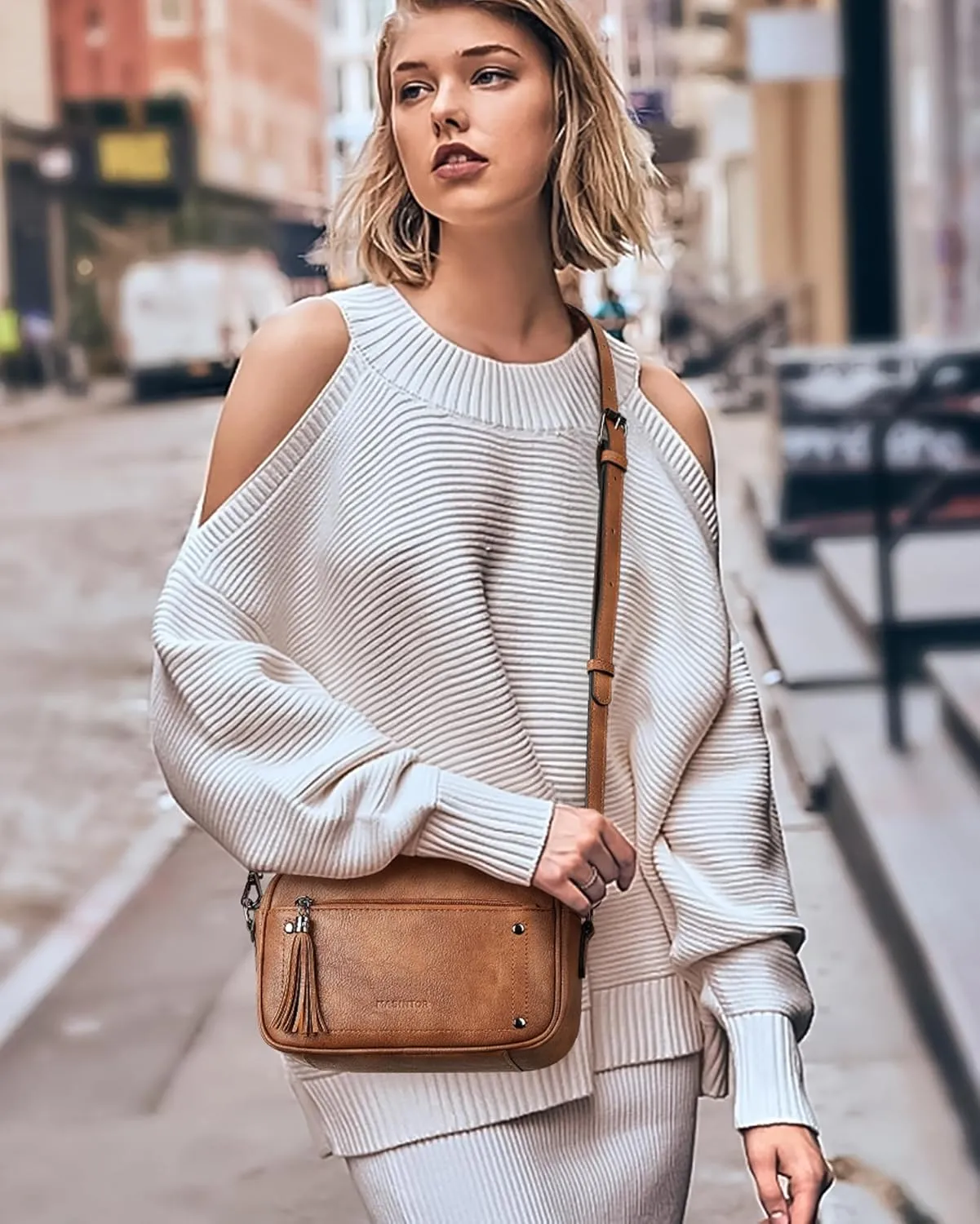 MASINTOR Crossbody Bags for Women Vegan Leather, Trendy Shoulder Purse with Adjustable Strap and Tassel
