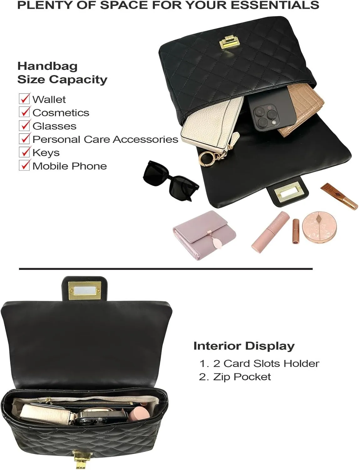 Medium Quilted Leather Crossbody Bag, Designer Soft Shoulder Light Purse, Outer Back Pocket