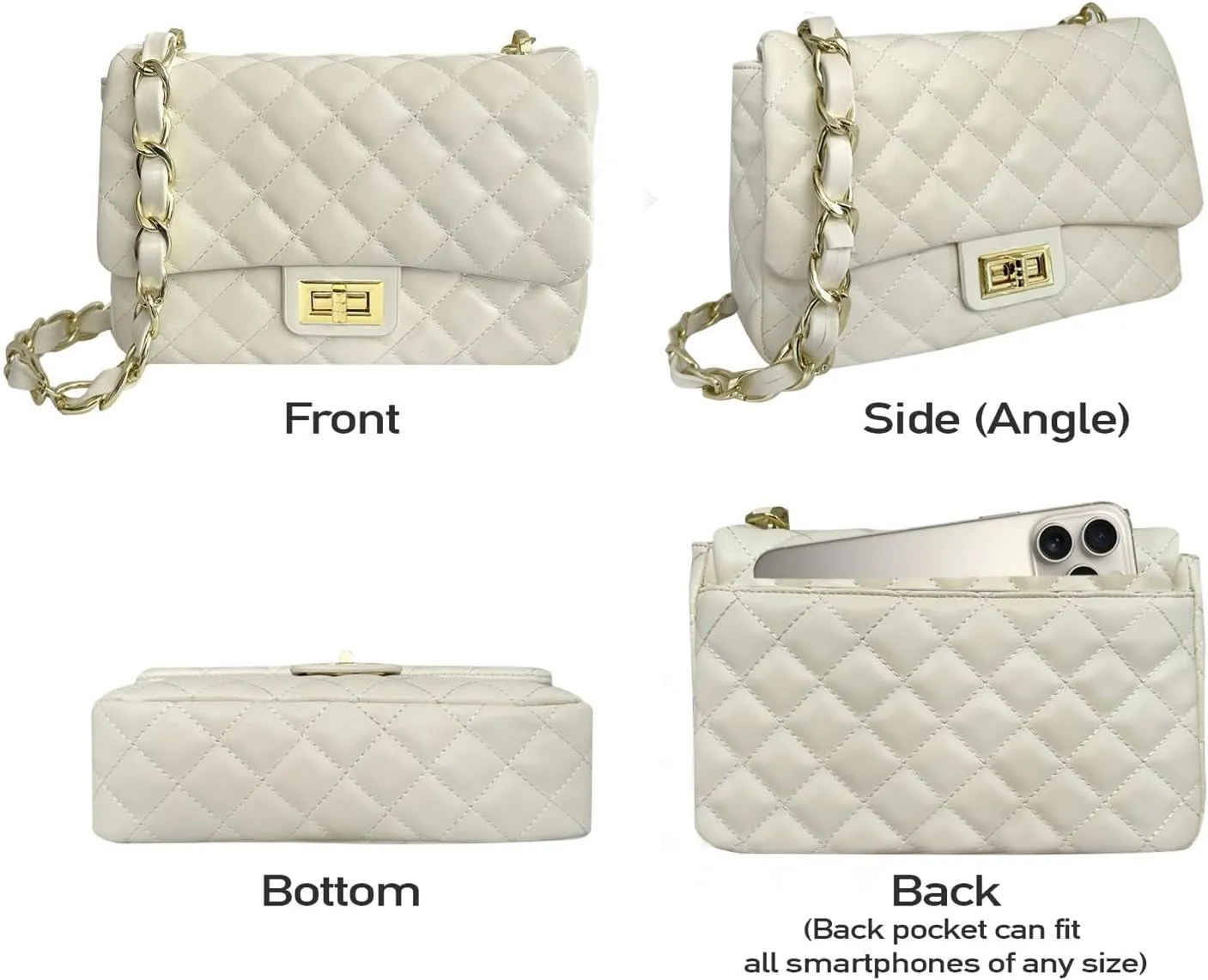 Medium Quilted Leather Crossbody Bag, Designer Soft Shoulder Light Purse, Outer Back Pocket