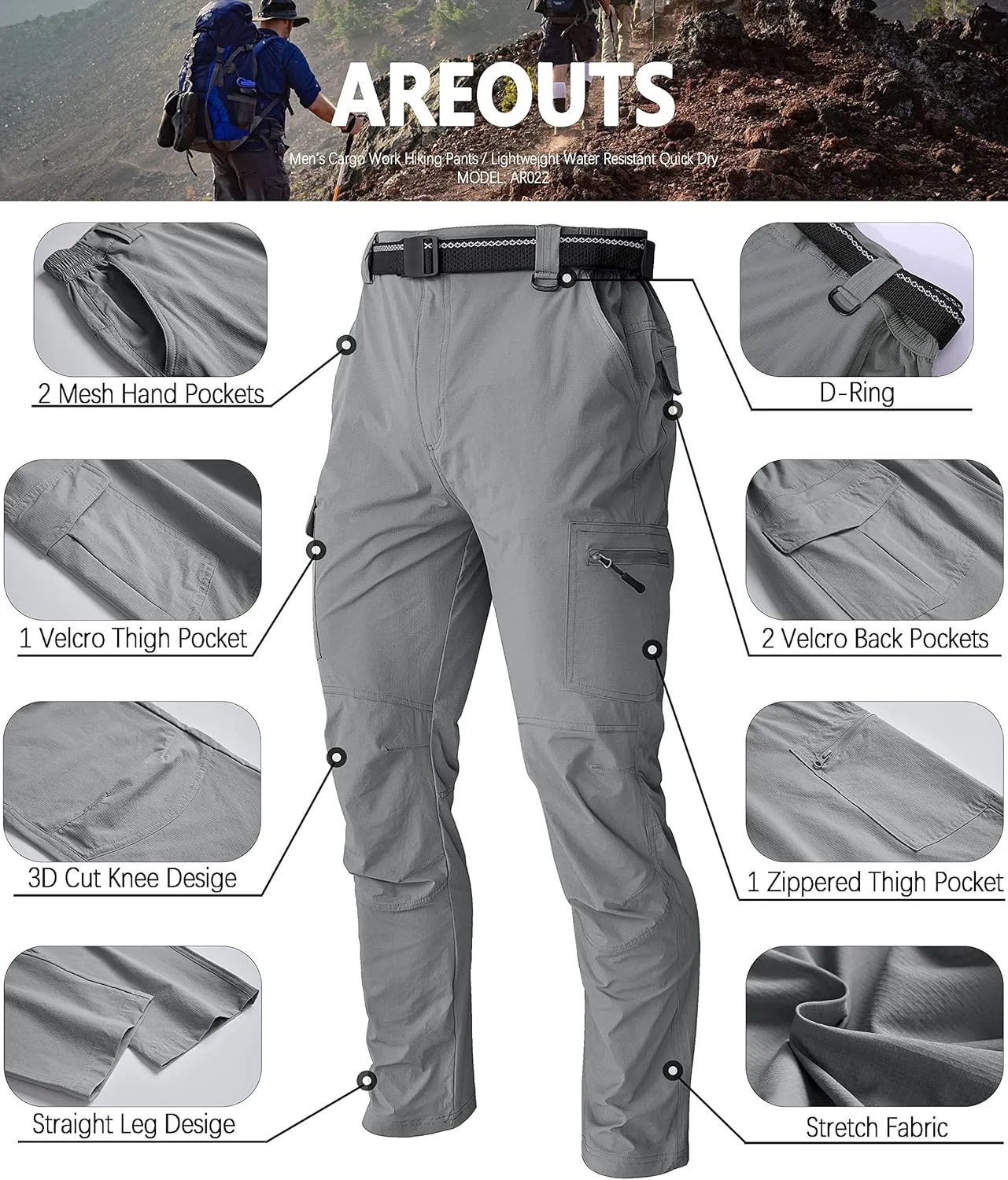 Men's Cargo Work Hiking Pants Lightweight Water Resistant Quick Dry Fishing Travel Camping Outdoor Breathable Multi Pockets