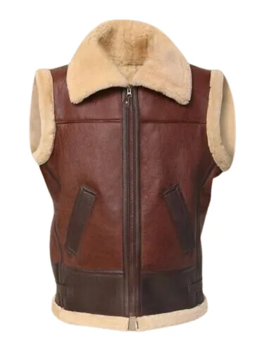 Mens Genuine Sheepskin Real Fur Leather Brown Waistcoat
