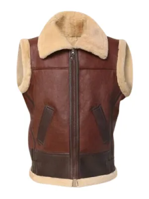 Mens Genuine Sheepskin Real Fur Leather Brown Waistcoat